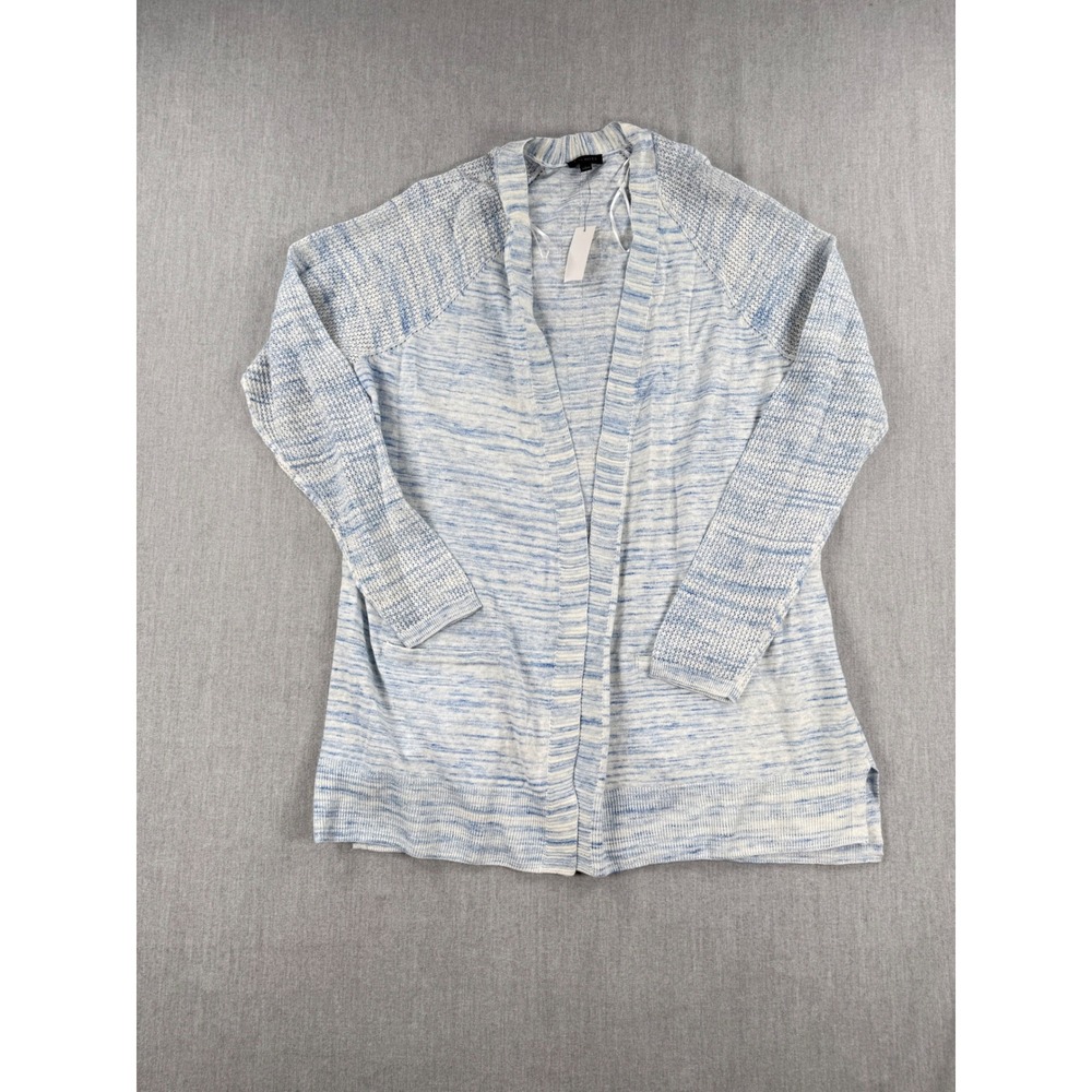 Talbots Womens Blue White Space Dye Linen Blend Open Front Cardigan Sweater S